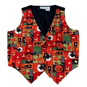 VTG Basic Editions Halloween Patchwork Vest Jack-O-Lantern Cats Witches XL GUC